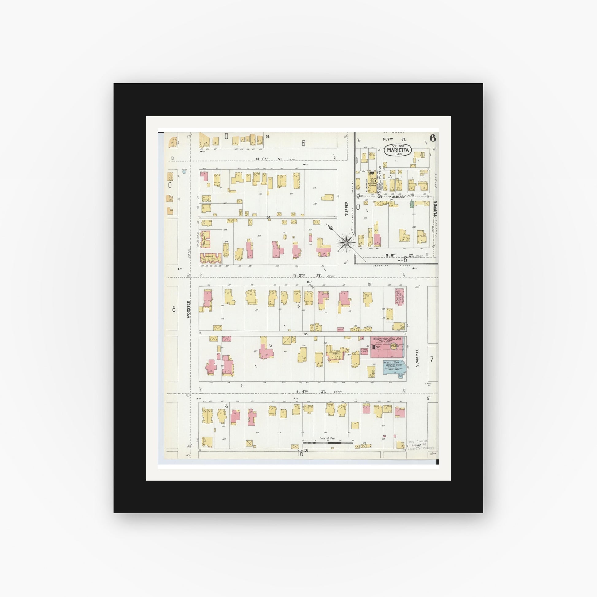 Old map wall art mockup — black gallery frame with white mat — Sanborn Fire Insurance Map from Marietta, Washington County, Ohio (1900), Sheet #0006