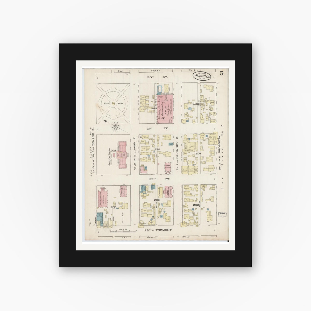 Old map wall art mockup — black gallery frame with white mat — Sanborn Fire Insurance Map from Galveston, Galveston County, Texas (1885), Sheet #0005