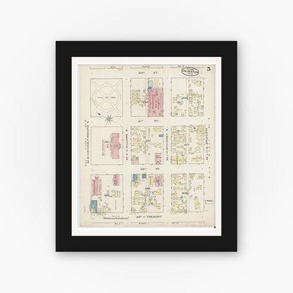 Old map wall art mockup — black gallery frame with white mat — Sanborn Fire Insurance Map from Galveston, Galveston County, Texas (1885), Sheet #0005