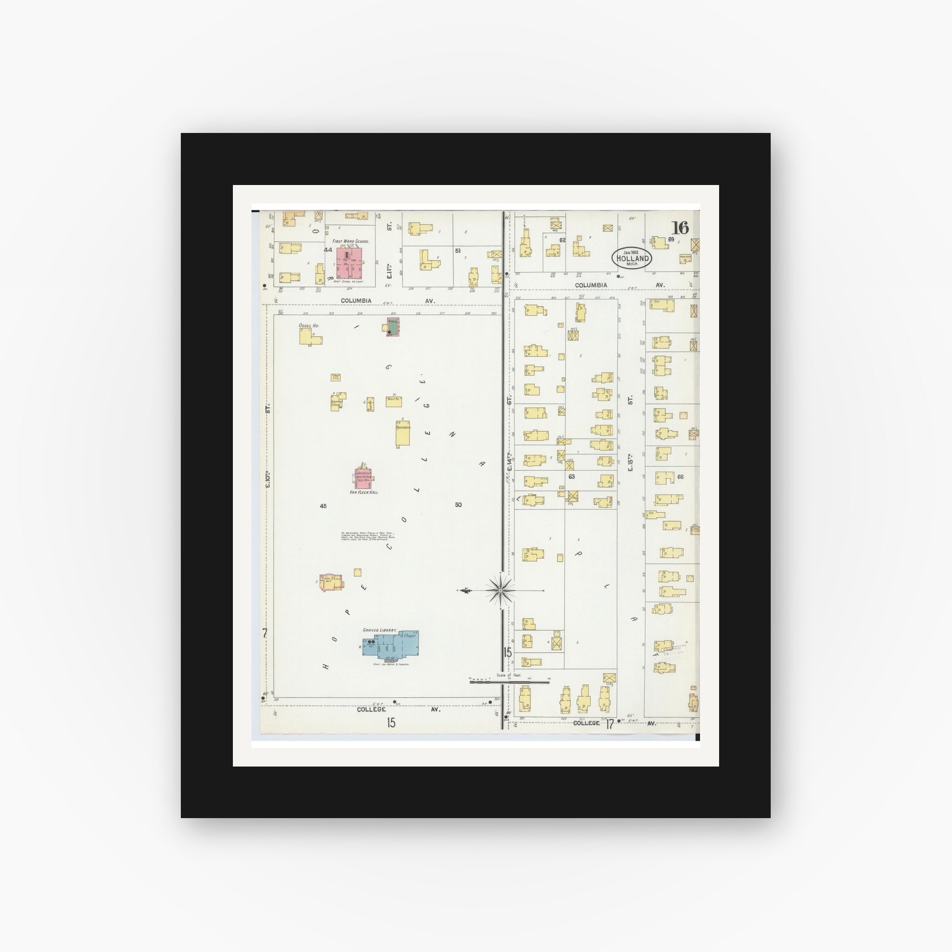 Old map wall art mockup — black gallery frame with white mat — Sanborn Fire Insurance Map from Holland, Ottawa County, Michigan (1902), Sheet #0016