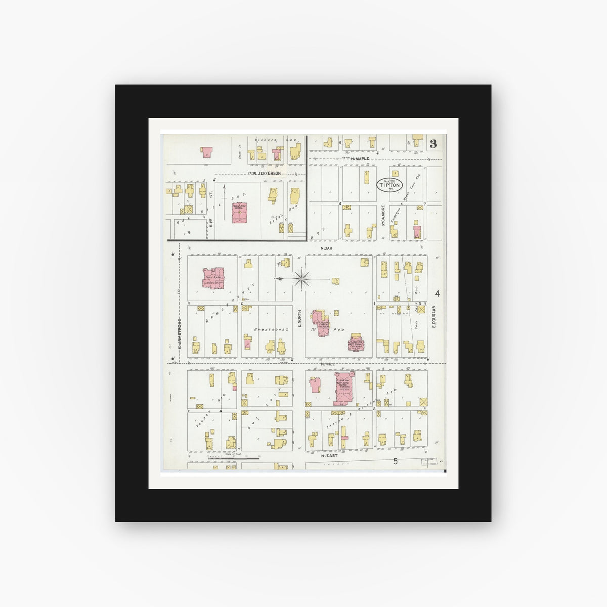 Old map wall art mockup — black gallery frame with white mat — Sanborn Fire Insurance Map from Tipton, Tipton County, Indiana (1902), Sheet #0003