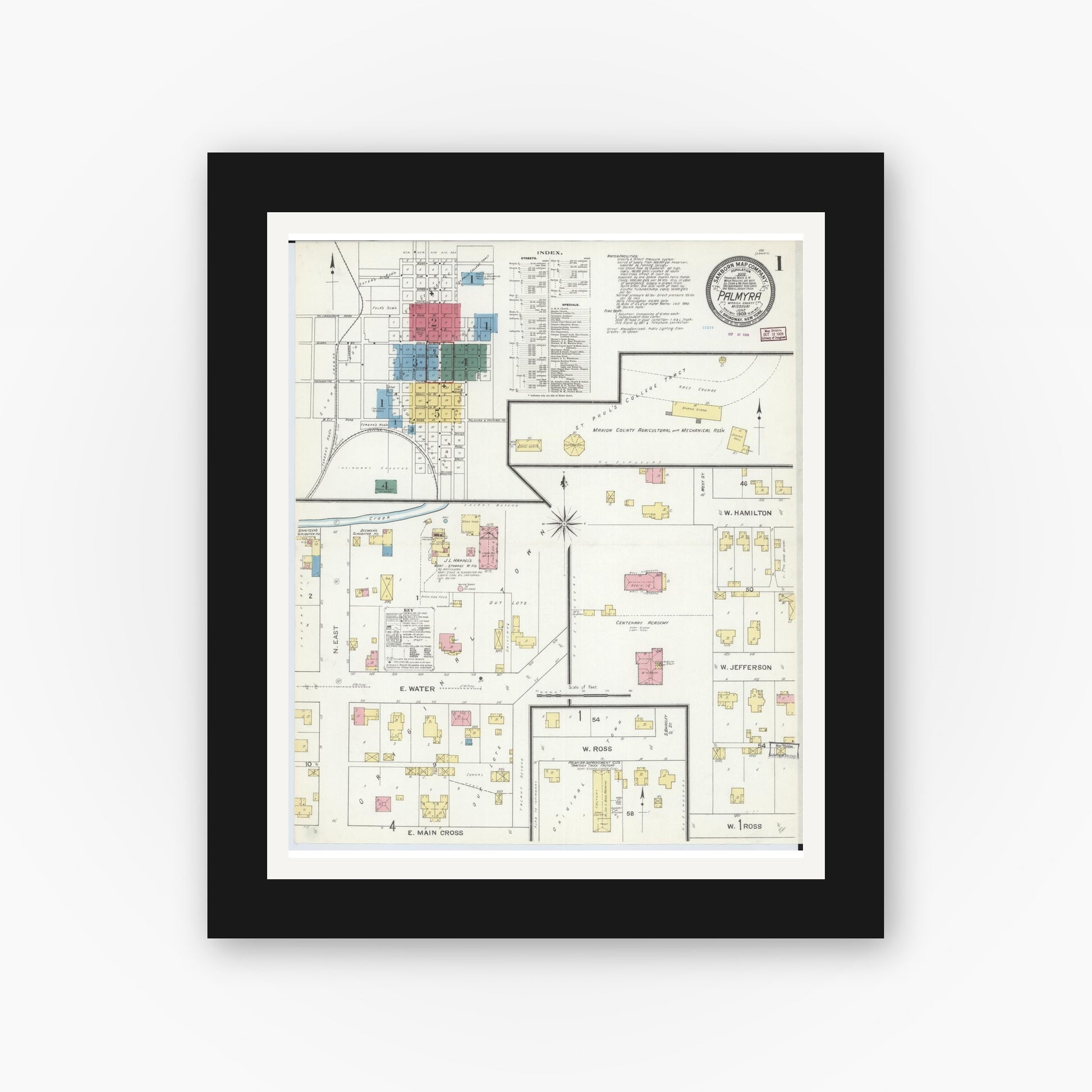 Old map wall art mockup — black gallery frame with white mat — Sanborn Fire Insurance Map from Palmyra, Marion County, Missouri (1909) - Complete Map Set