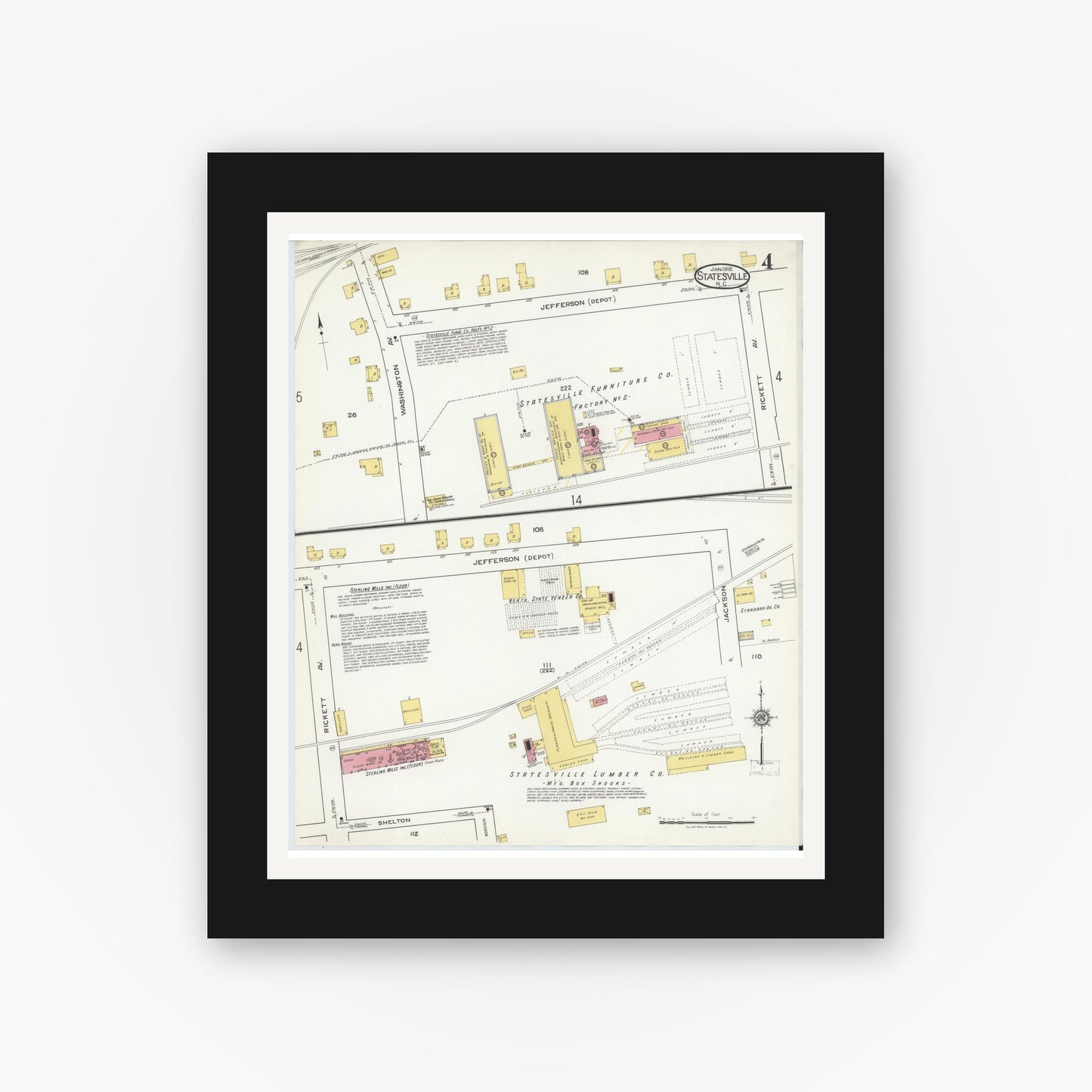Old map wall art mockup — black gallery frame with white mat — Sanborn Fire Insurance Map from Statesville, Iredell County, North Carolina (1918), Sheet #0004