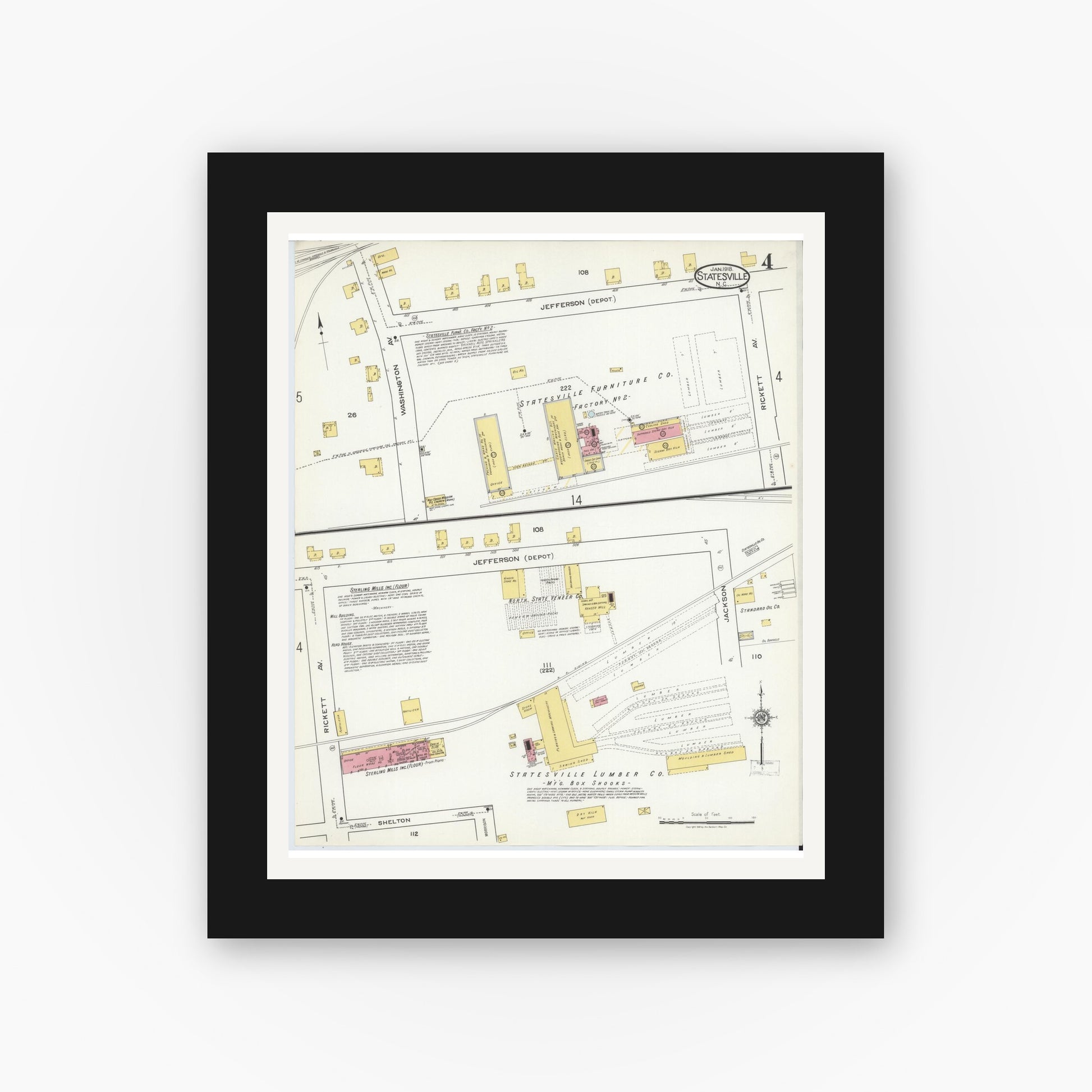 Old map wall art mockup — black gallery frame with white mat — Sanborn Fire Insurance Map from Statesville, Iredell County, North Carolina (1918), Sheet #0004