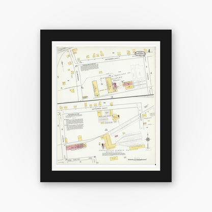 Old map wall art mockup — black gallery frame with white mat — Sanborn Fire Insurance Map from Statesville, Iredell County, North Carolina (1918), Sheet #0004