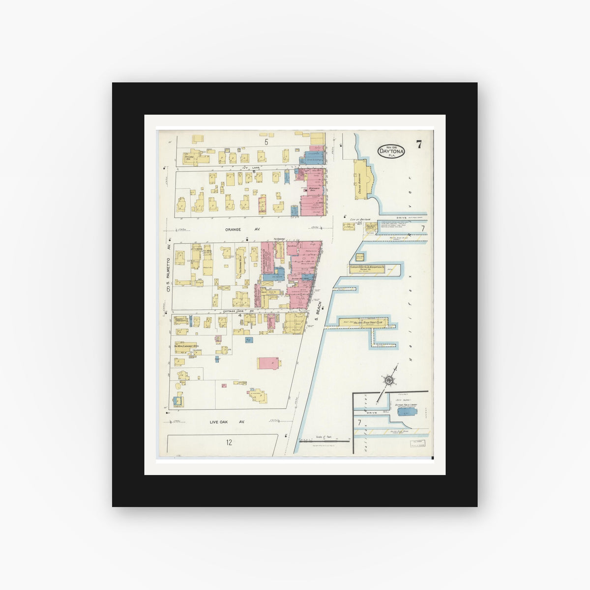 Old map wall art mockup — black gallery frame with white mat — Sanborn Fire Insurance Map from Daytona, Volusia County, Florida (1916), Sheet #0007