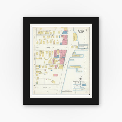 Old map wall art mockup — black gallery frame with white mat — Sanborn Fire Insurance Map from Daytona, Volusia County, Florida (1916), Sheet #0007