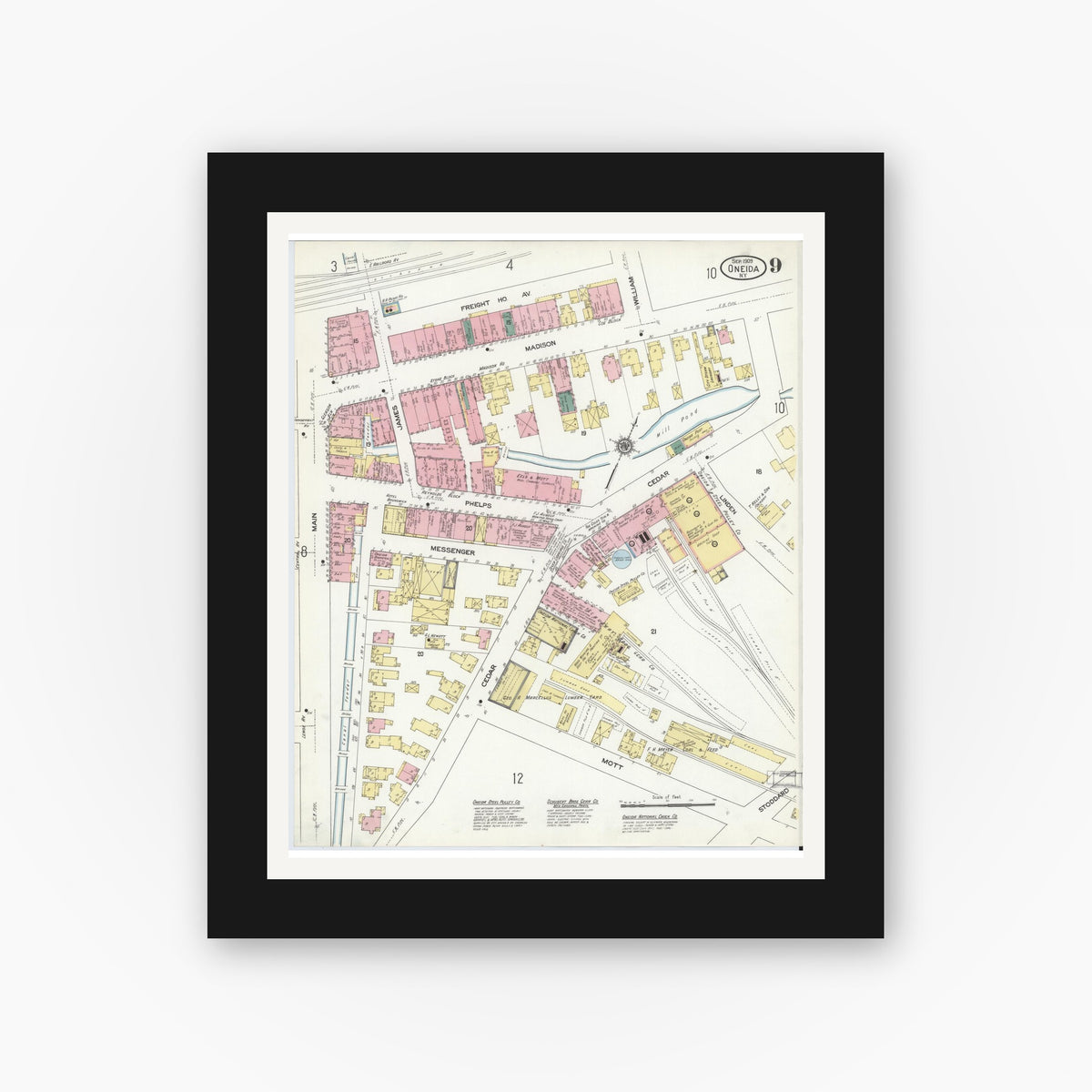 Old map wall art mockup — black gallery frame with white mat — Sanborn Fire Insurance Map from Oneida, Madison County, New York (1909), Sheet #0009