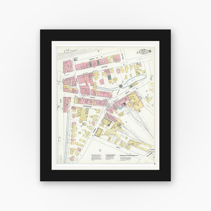 Old map wall art mockup — black gallery frame with white mat — Sanborn Fire Insurance Map from Oneida, Madison County, New York (1909), Sheet #0009
