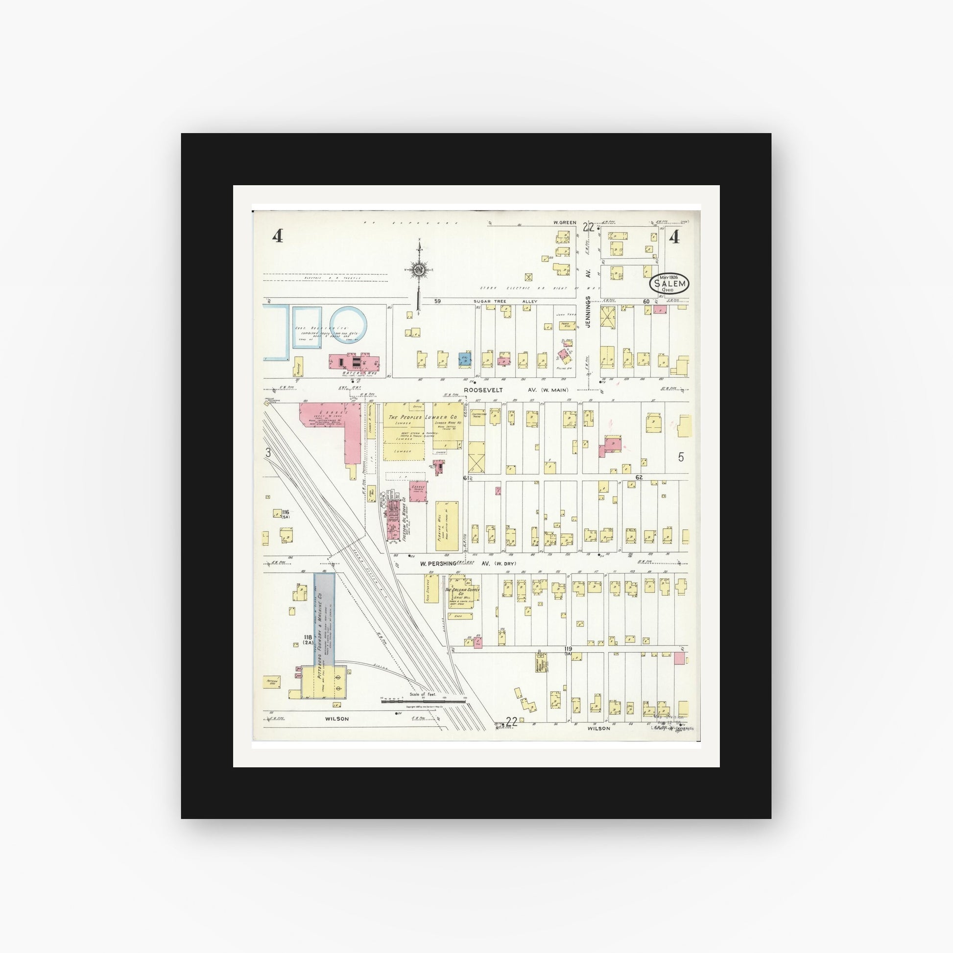 Old map wall art mockup — black gallery frame with white mat — Sanborn Fire Insurance Map from Salem, Columbiana County, Ohio (1926), Sheet #0004