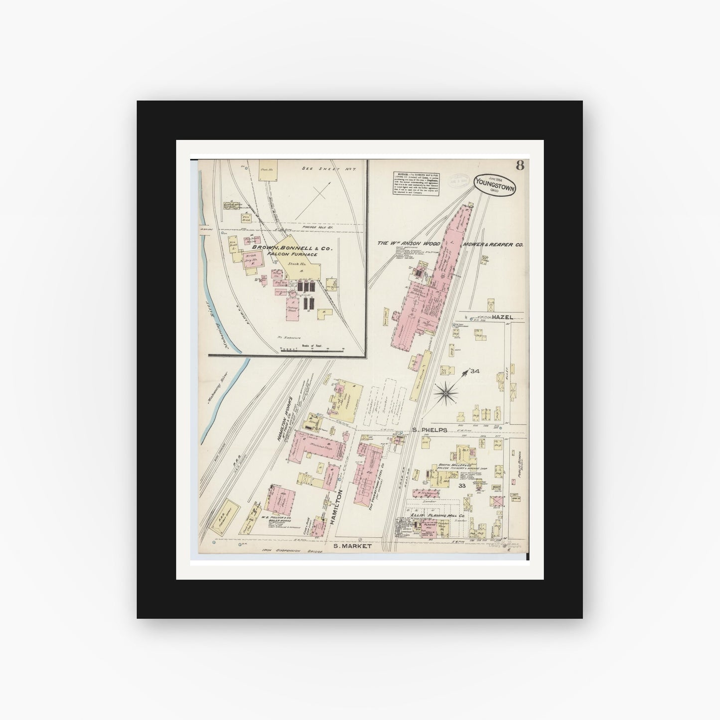 Old map wall art mockup — black gallery frame with white mat — Sanborn Fire Insurance Map from Youngstown, Mahoning County, Ohio (1884), Sheet #0008