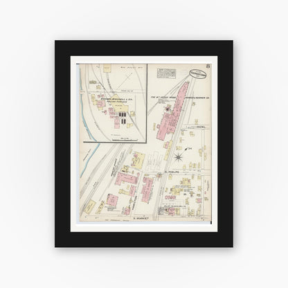 Old map wall art mockup — black gallery frame with white mat — Sanborn Fire Insurance Map from Youngstown, Mahoning County, Ohio (1884), Sheet #0008