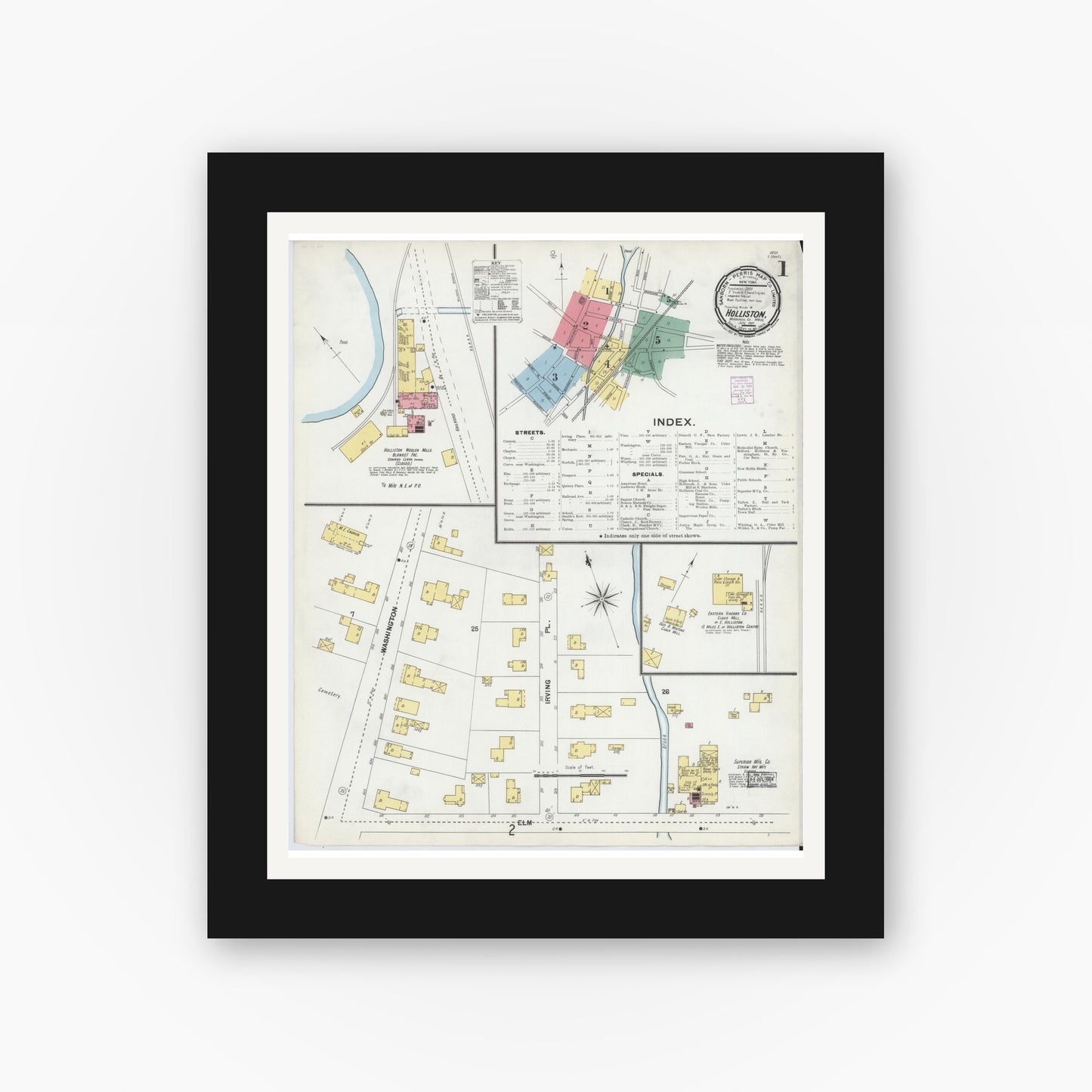Old map wall art mockup — black gallery frame with white mat — Sanborn Fire Insurance Map from Holliston, Middlesex County, Massachusetts (1901), Sheet #0001
