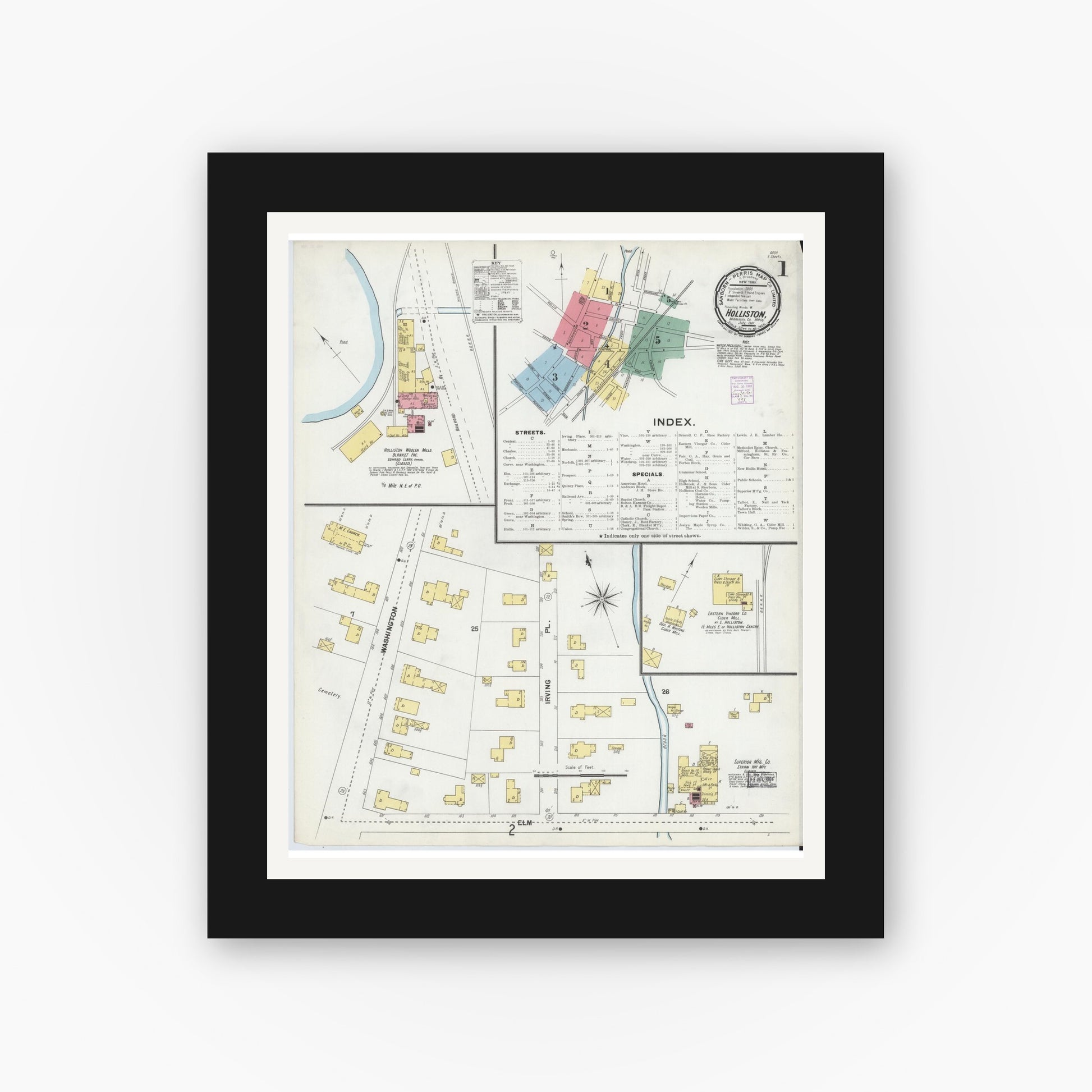 Old map wall art mockup — black gallery frame with white mat — Sanborn Fire Insurance Map from Holliston, Middlesex County, Massachusetts (1901), Sheet #0001