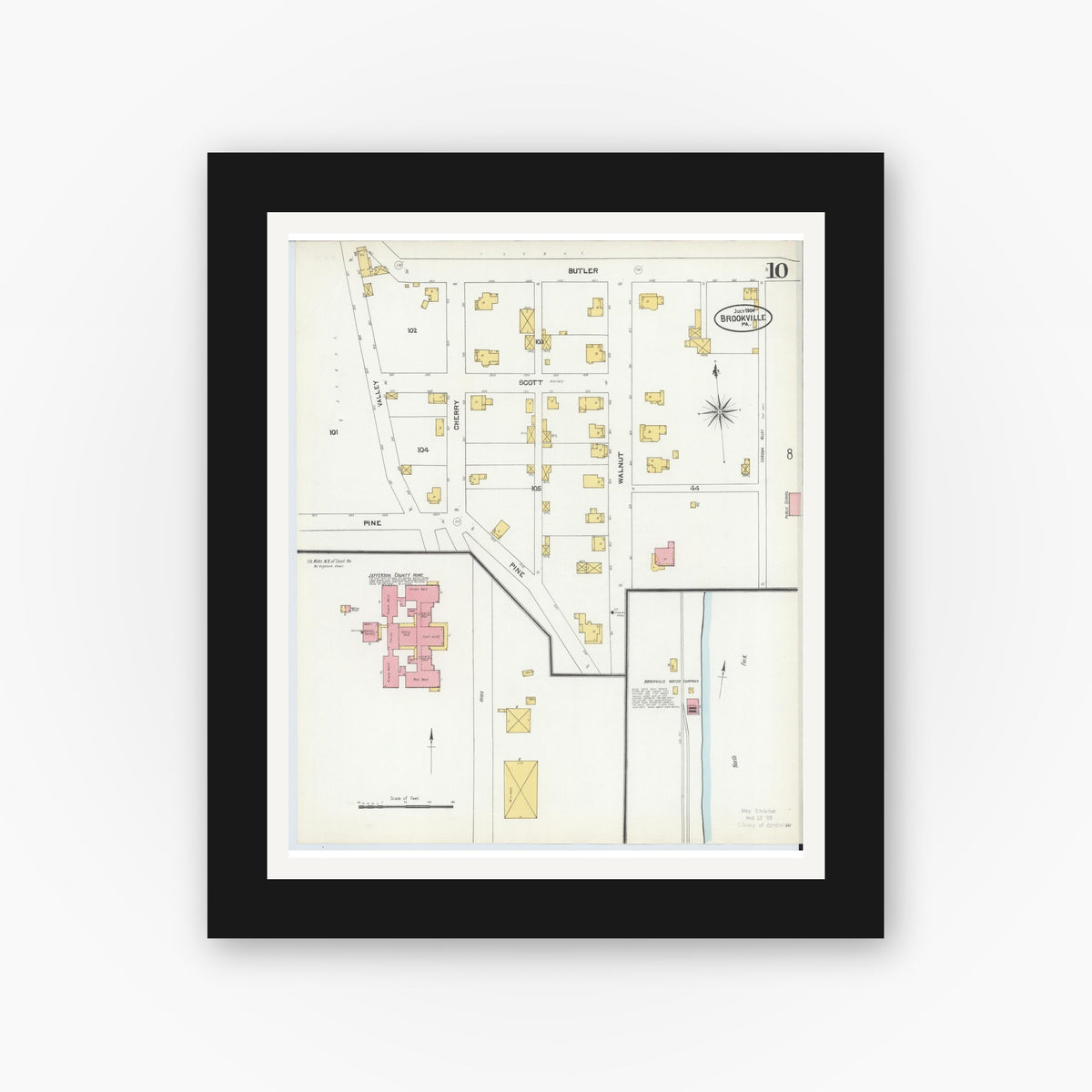 Old map wall art mockup — black gallery frame with white mat — Sanborn Fire Insurance Map from Brookville, Jefferson County, Pennsylvania (1904), Sheet #0010