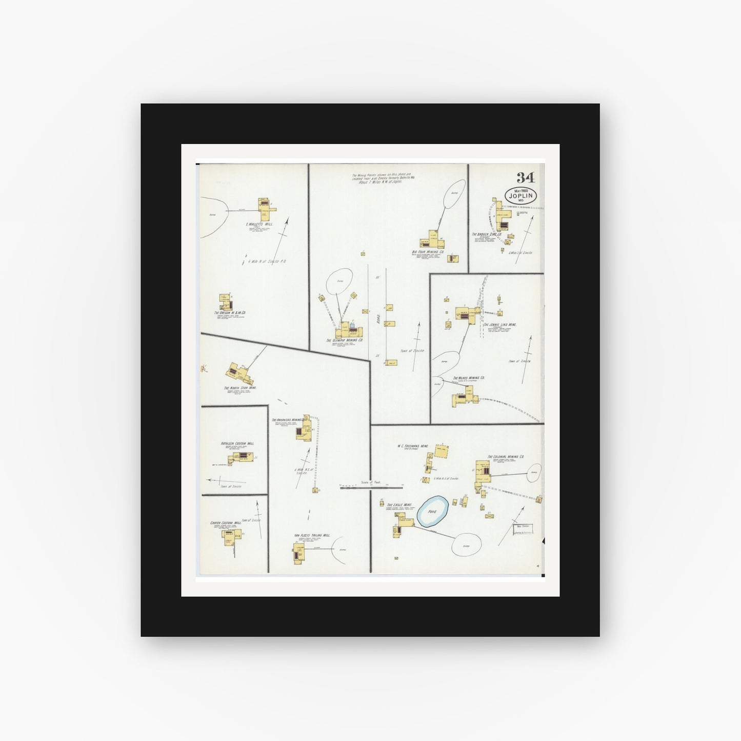 Old map wall art mockup — black gallery frame with white mat — Sanborn Fire Insurance Map from Joplin, Jasper County, Missouri (1900), Sheet #0034