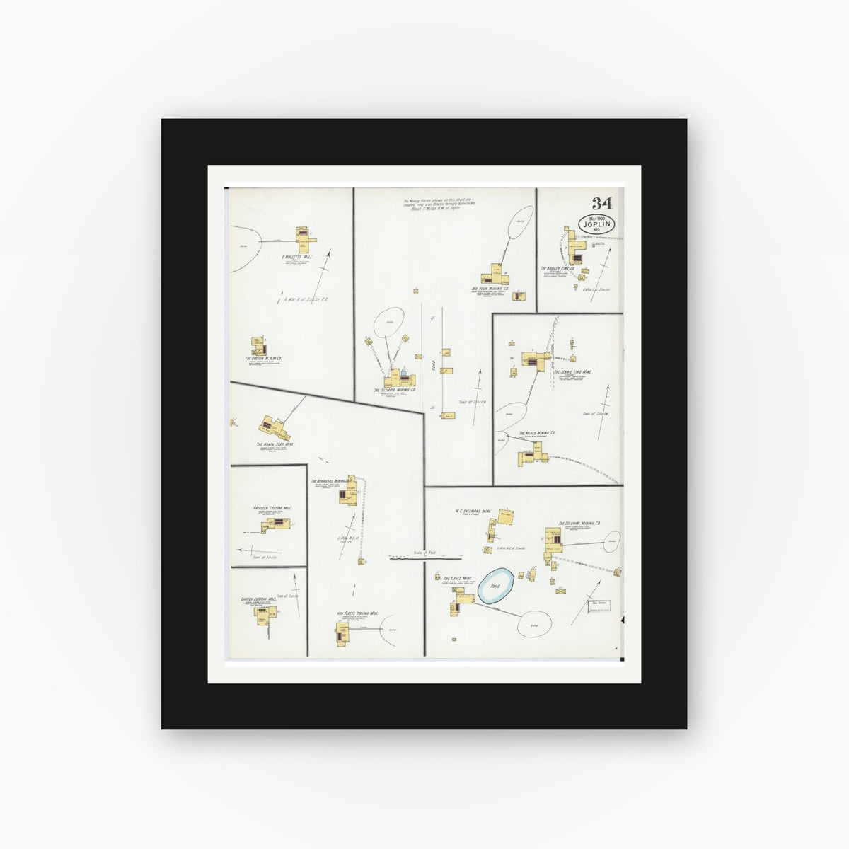 Old map wall art mockup — black gallery frame with white mat — Sanborn Fire Insurance Map from Joplin, Jasper County, Missouri (1900), Sheet #0034