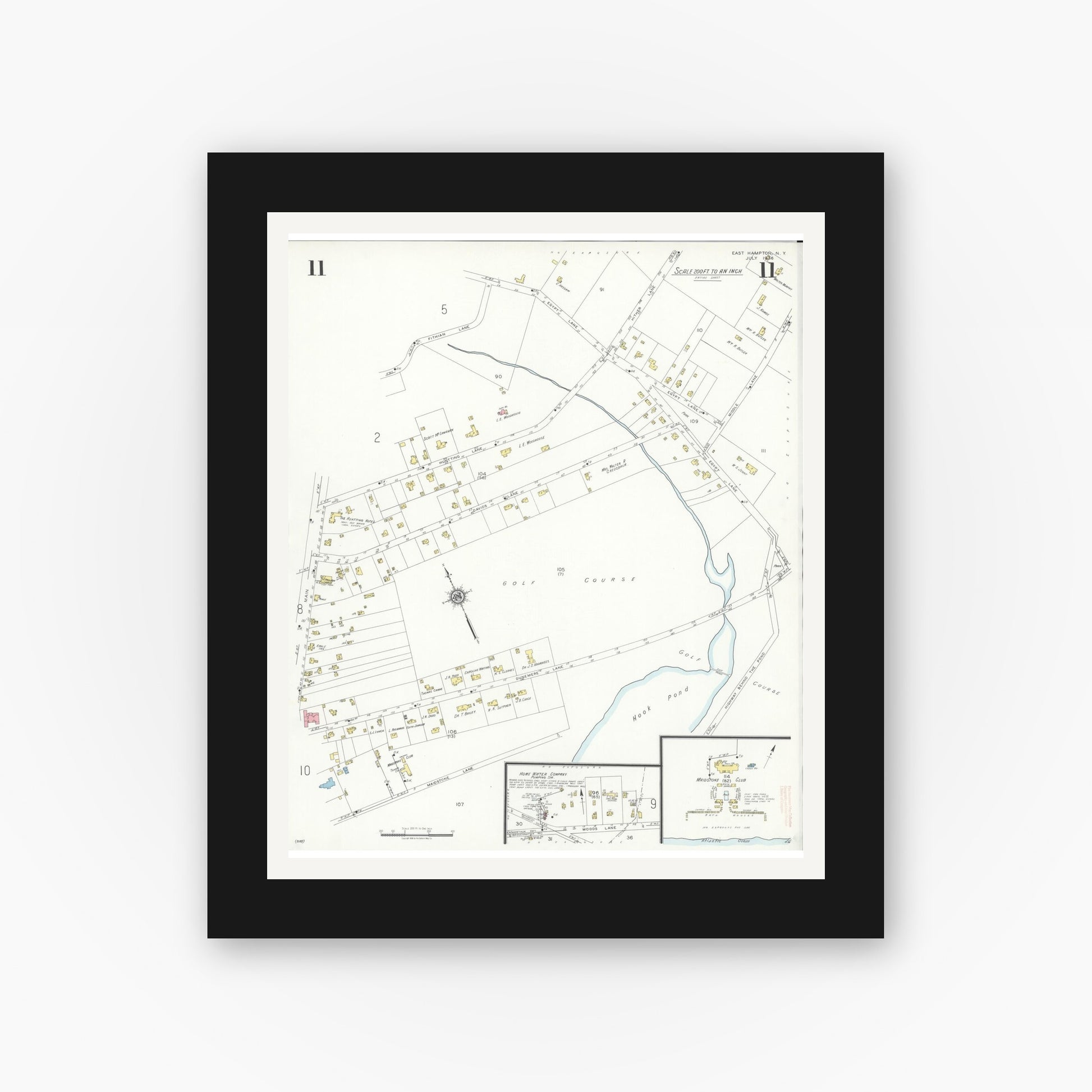 Old map wall art mockup — black gallery frame with white mat — Sanborn Fire Insurance Map from Easthampton, Suffolk County, New York (1936), Sheet #0011