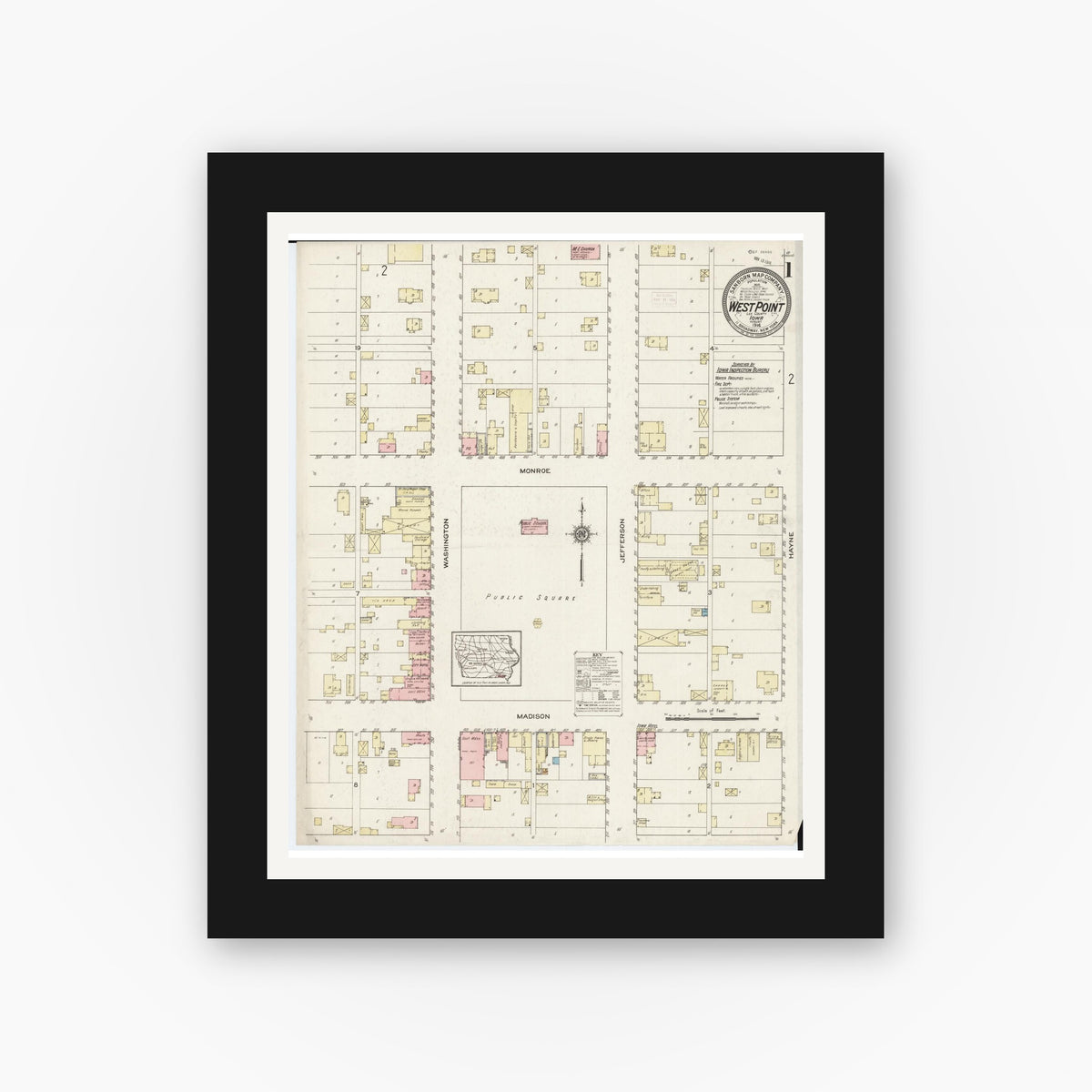 Old map wall art mockup — black gallery frame with white mat — Sanborn Fire Insurance Map from West Point, Lee County, Iowa (1914) â€” Complete Set