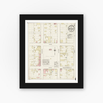 Old map wall art mockup — black gallery frame with white mat — Sanborn Fire Insurance Map from West Point, Lee County, Iowa (1914) â€” Complete Set
