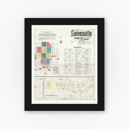 Old map wall art mockup — black gallery frame with white mat — Sanborn Fire Insurance Map from Gainesville, Alachua County, Florida (1909) - Complete Map Set