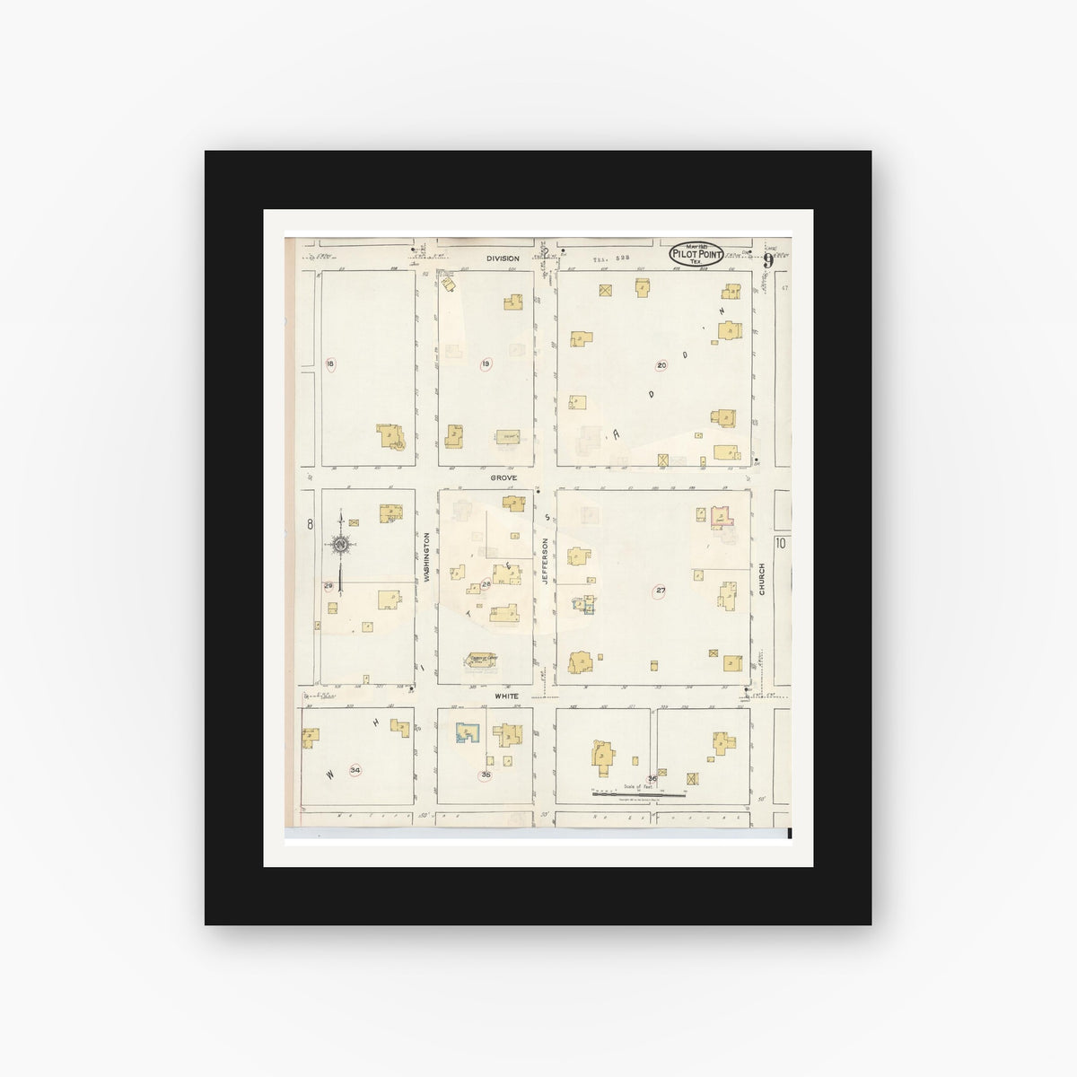 Old map wall art mockup — black gallery frame with white mat — Sanborn Fire Insurance Map from Pilot Point, Denton County, Texas (1940), Sheet #0009