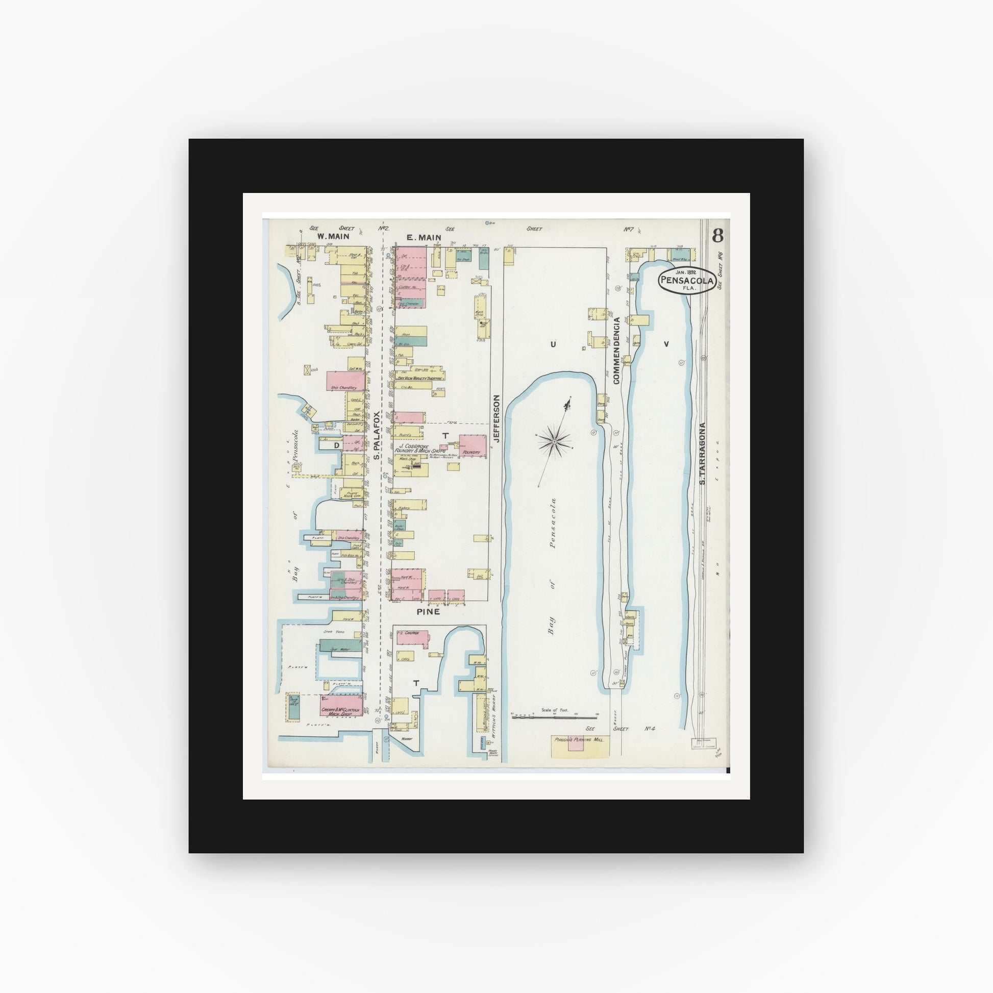 Old map wall art mockup — black gallery frame with white mat — Sanborn Fire Insurance Map from Pensacola, Escambia County, Florida (1892), Sheet #0008