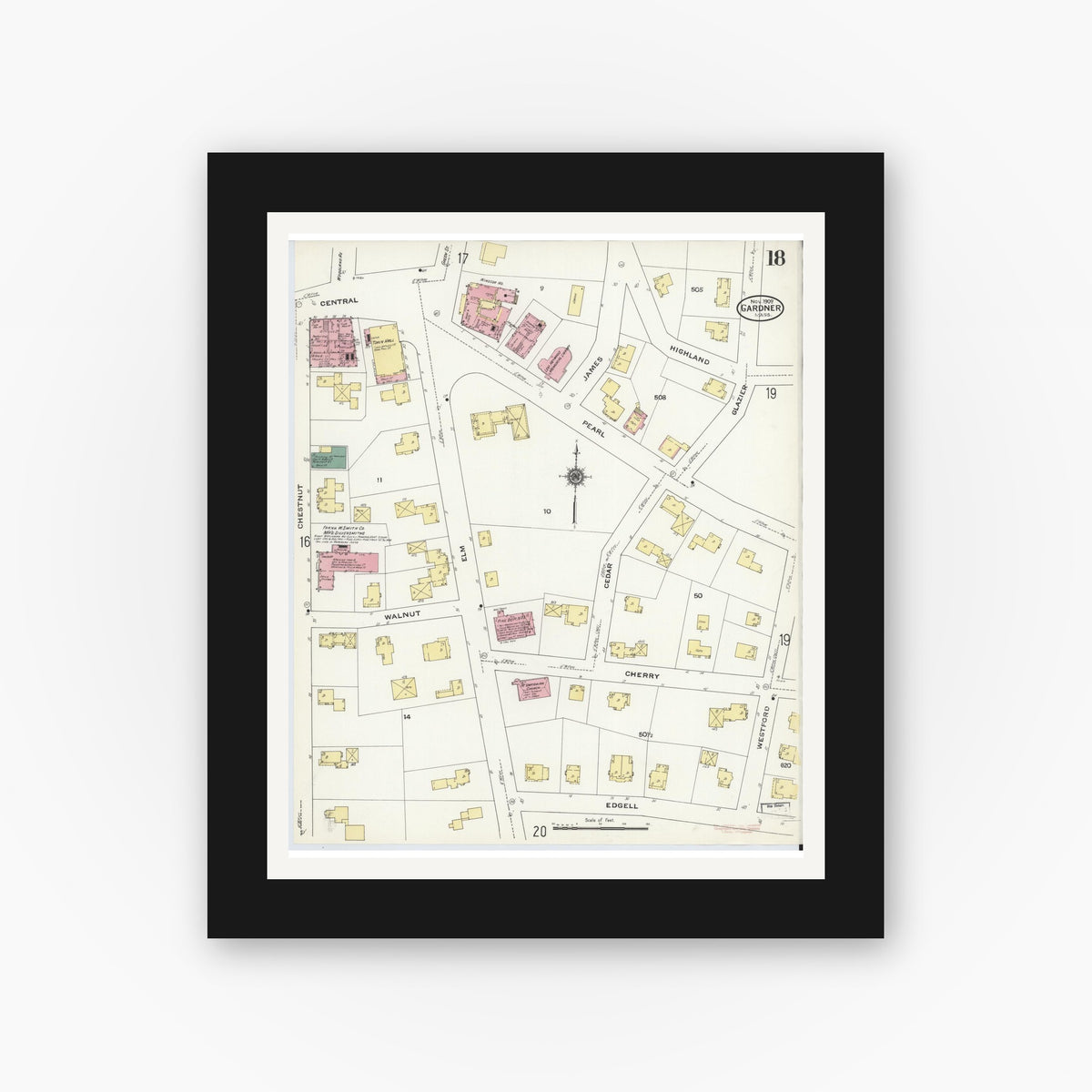Old map wall art mockup — black gallery frame with white mat — Sanborn Fire Insurance Map from Gardner, Worcester County, Massachusetts (1909), Sheet #0018