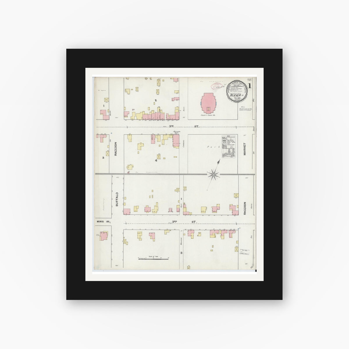 Old map wall art mockup — black gallery frame with white mat — Sanborn Fire Insurance Map from Beaver, Beaver County, Pennsylvania (1891), Sheet #0001
