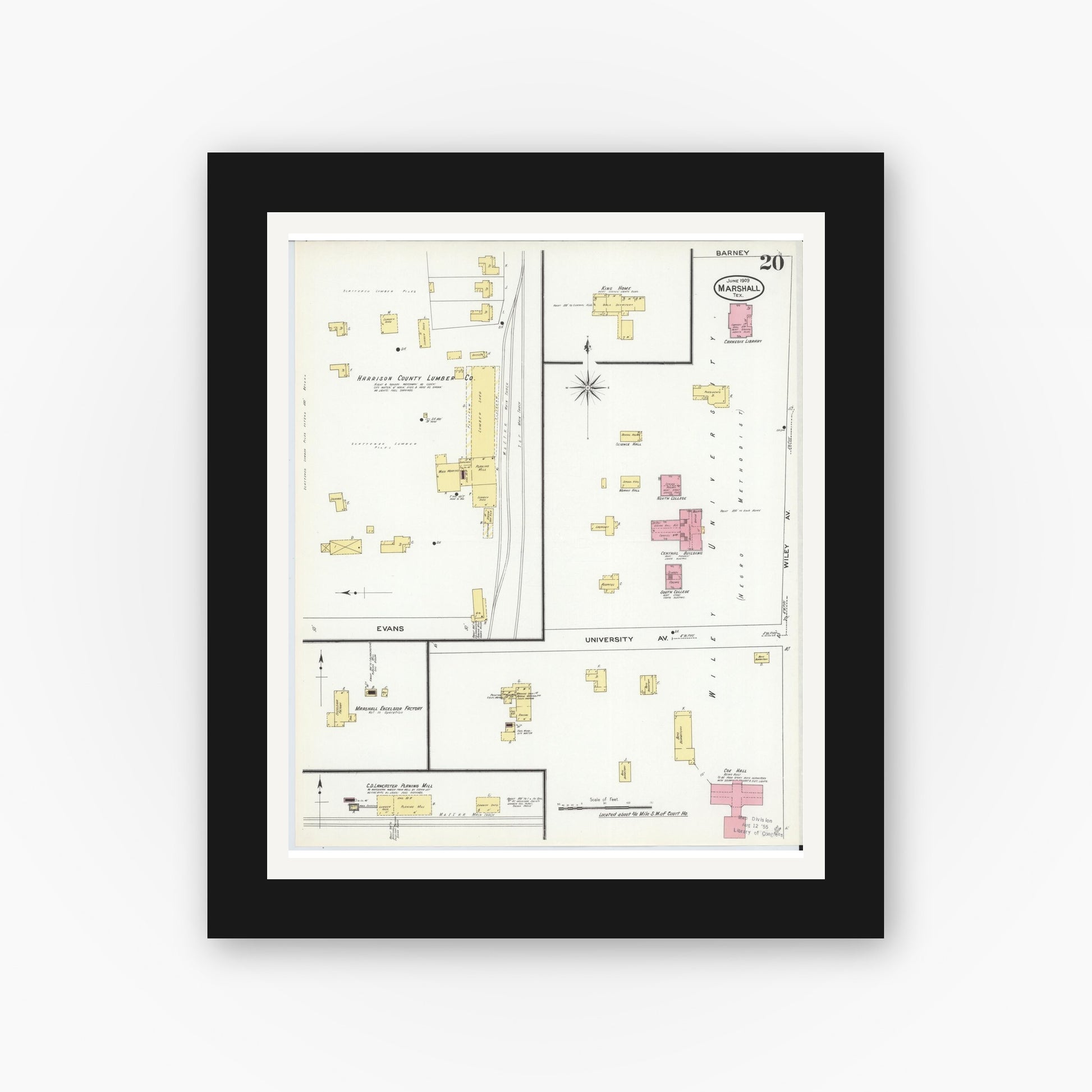 Old map wall art mockup — black gallery frame with white mat — Sanborn Fire Insurance Map from Marshall, Harrison County, Texas (1909), Sheet #0020