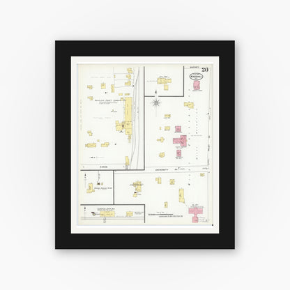 Old map wall art mockup — black gallery frame with white mat — Sanborn Fire Insurance Map from Marshall, Harrison County, Texas (1909), Sheet #0020