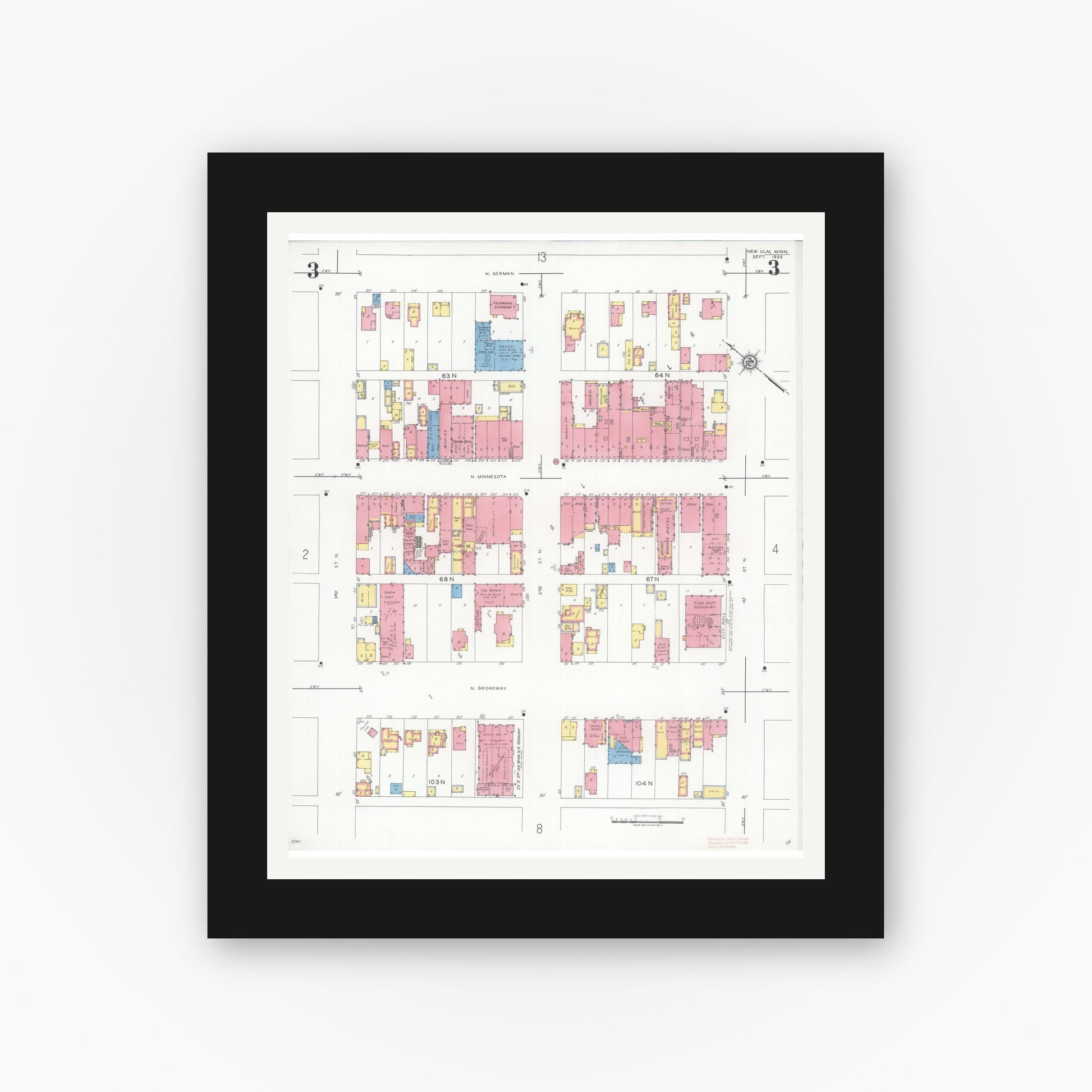 Old map wall art mockup — black gallery frame with white mat — Sanborn Fire Insurance Map from New Ulm, Brown County, Minnesota (1935), Sheet #0003