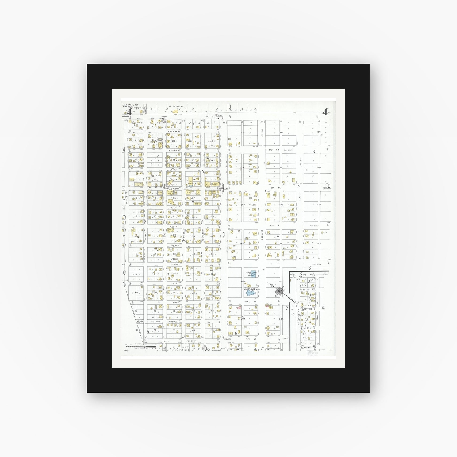 Old map wall art mockup — black gallery frame with white mat — Sanborn Fire Insurance Map from Asherton, Dimmit County, Texas (1951), Sheet #0004