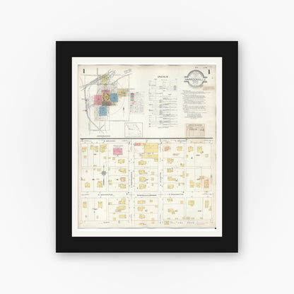 Old map wall art mockup — black gallery frame with white mat — Sanborn Fire Insurance Map from Harrisonville, Cass County, Missouri (1939), Sheet #0001