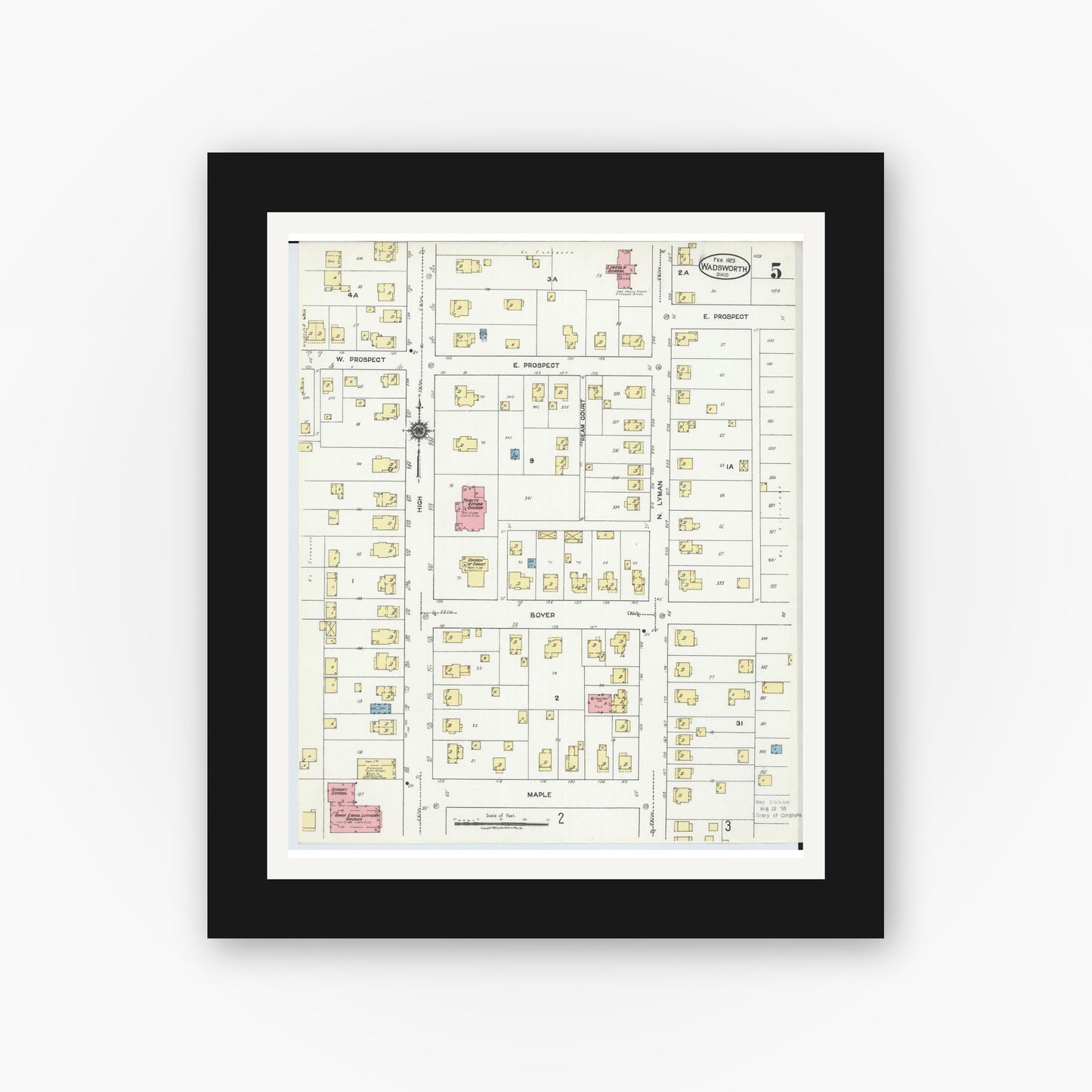 Old map wall art mockup — black gallery frame with white mat — Sanborn Fire Insurance Map from Wadsworth, Medina County, Ohio (1923), Sheet #0005