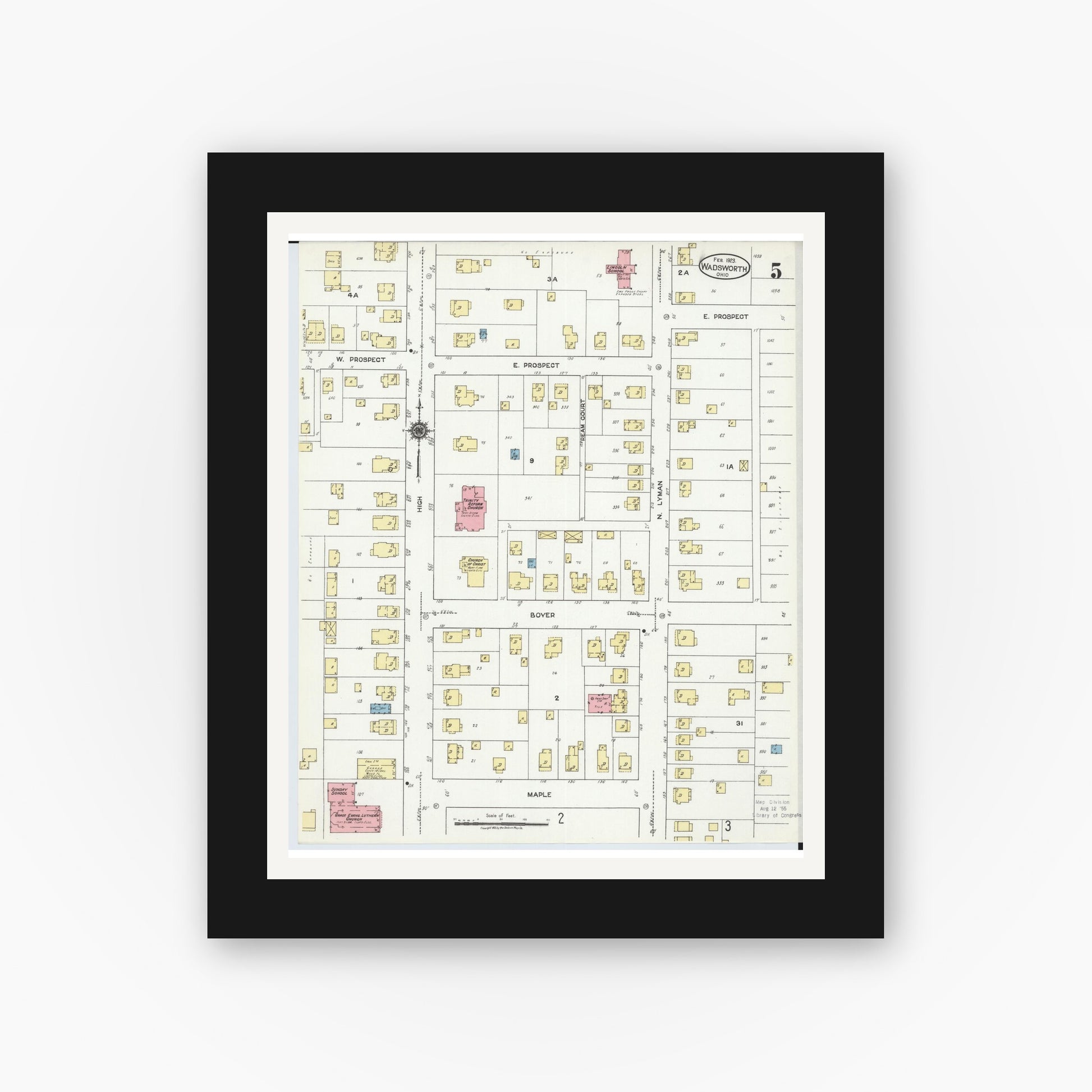 Old map wall art mockup — black gallery frame with white mat — Sanborn Fire Insurance Map from Wadsworth, Medina County, Ohio (1923), Sheet #0005