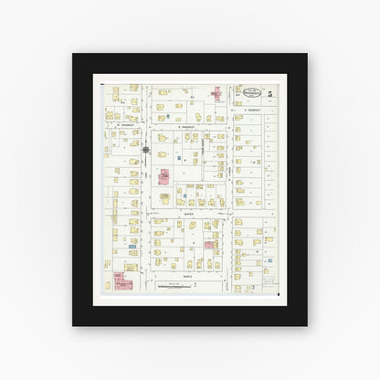 Old map wall art mockup — black gallery frame with white mat — Sanborn Fire Insurance Map from Wadsworth, Medina County, Ohio (1923), Sheet #0005