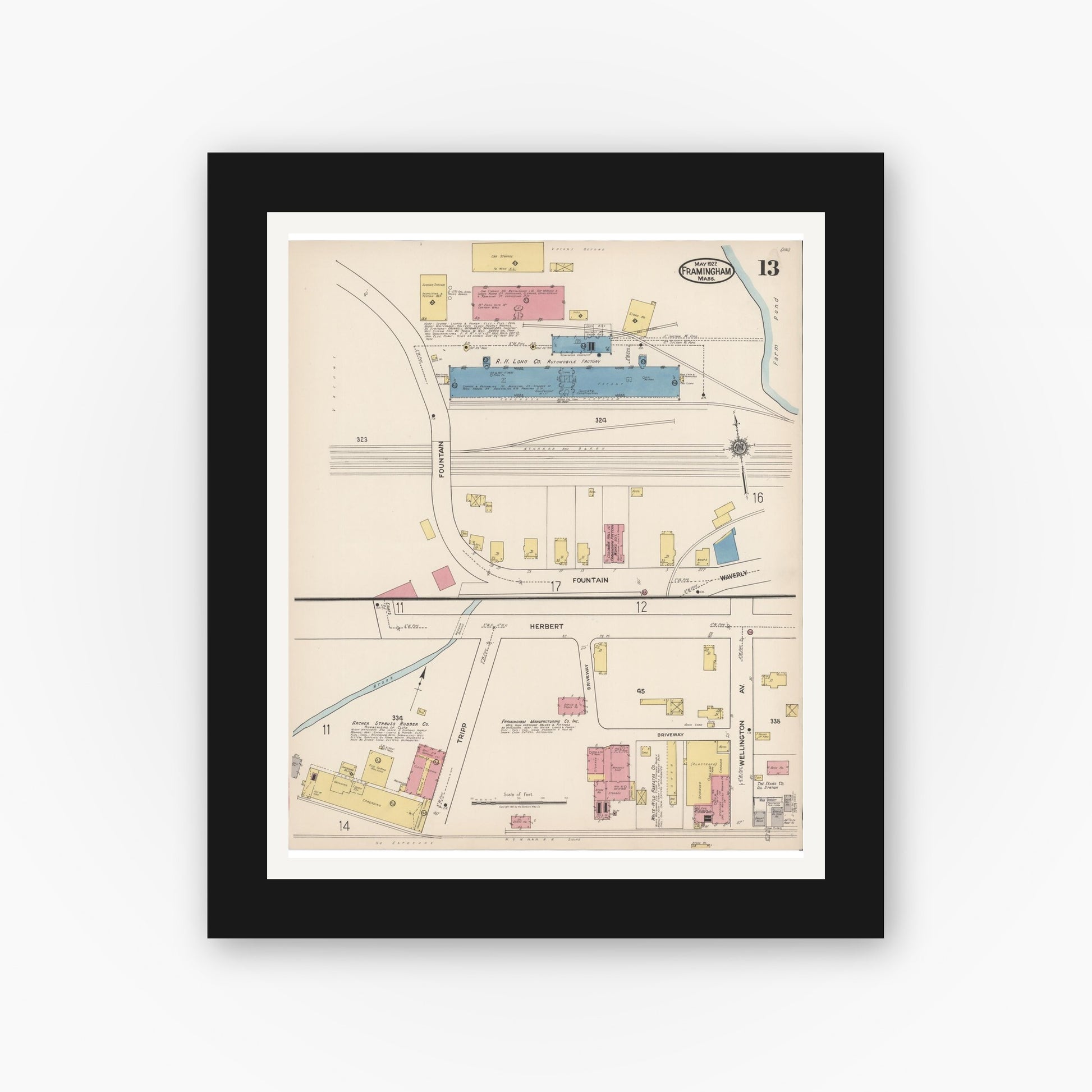 Old map wall art mockup — black gallery frame with white mat — Sanborn Fire Insurance Map from Framingham, Middlesex County, Massachusetts (1922), Sheet #0013
