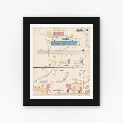 Old map wall art mockup — black gallery frame with white mat — Sanborn Fire Insurance Map from Framingham, Middlesex County, Massachusetts (1922), Sheet #0013