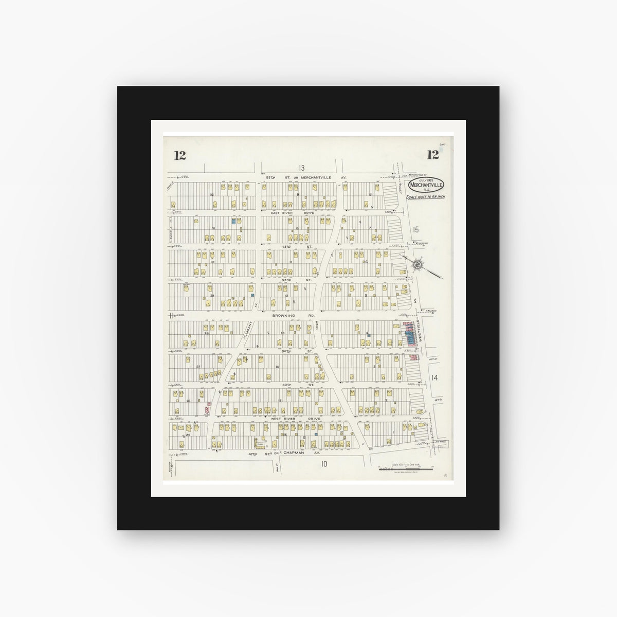 Old map wall art mockup — black gallery frame with white mat — Sanborn Fire Insurance Map from Merchantville, Camden County, New Jersey (1925), Sheet #0012