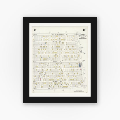 Old map wall art mockup — black gallery frame with white mat — Sanborn Fire Insurance Map from Merchantville, Camden County, New Jersey (1925), Sheet #0012