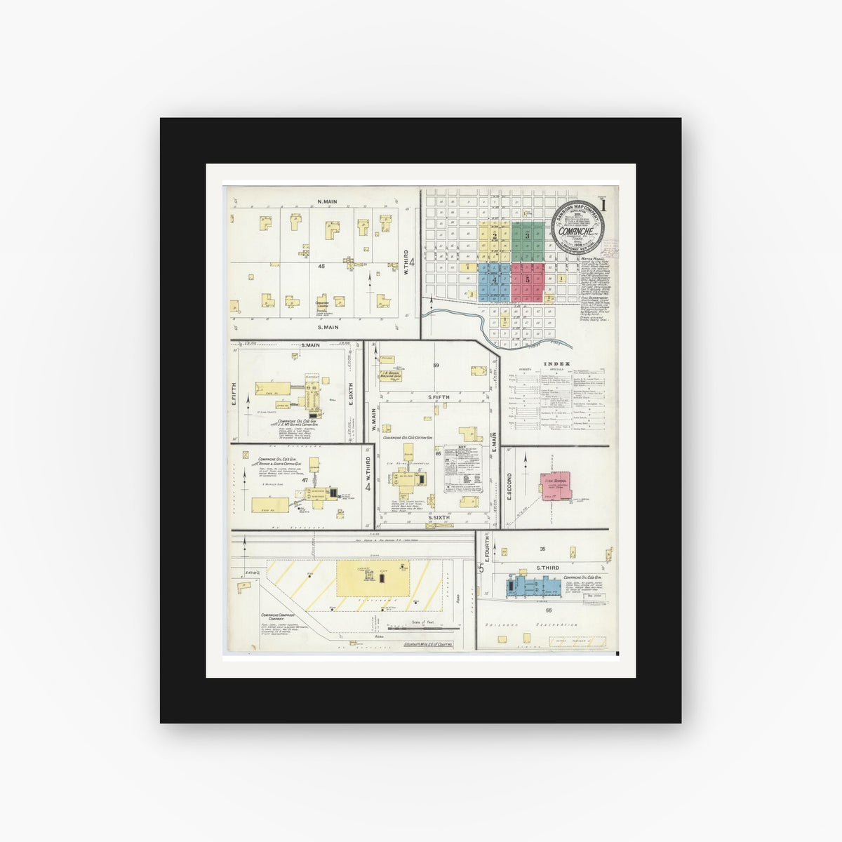 Old map wall art mockup — black gallery frame with white mat — Sanborn Fire Insurance Map from Comanche, Comanche County, Texas (1908), Sheet #0001