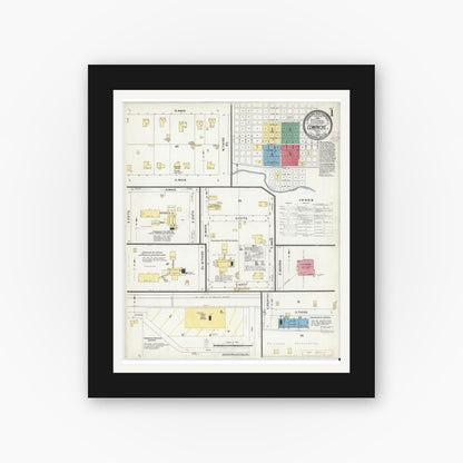 Old map wall art mockup — black gallery frame with white mat — Sanborn Fire Insurance Map from Comanche, Comanche County, Texas (1908), Sheet #0001