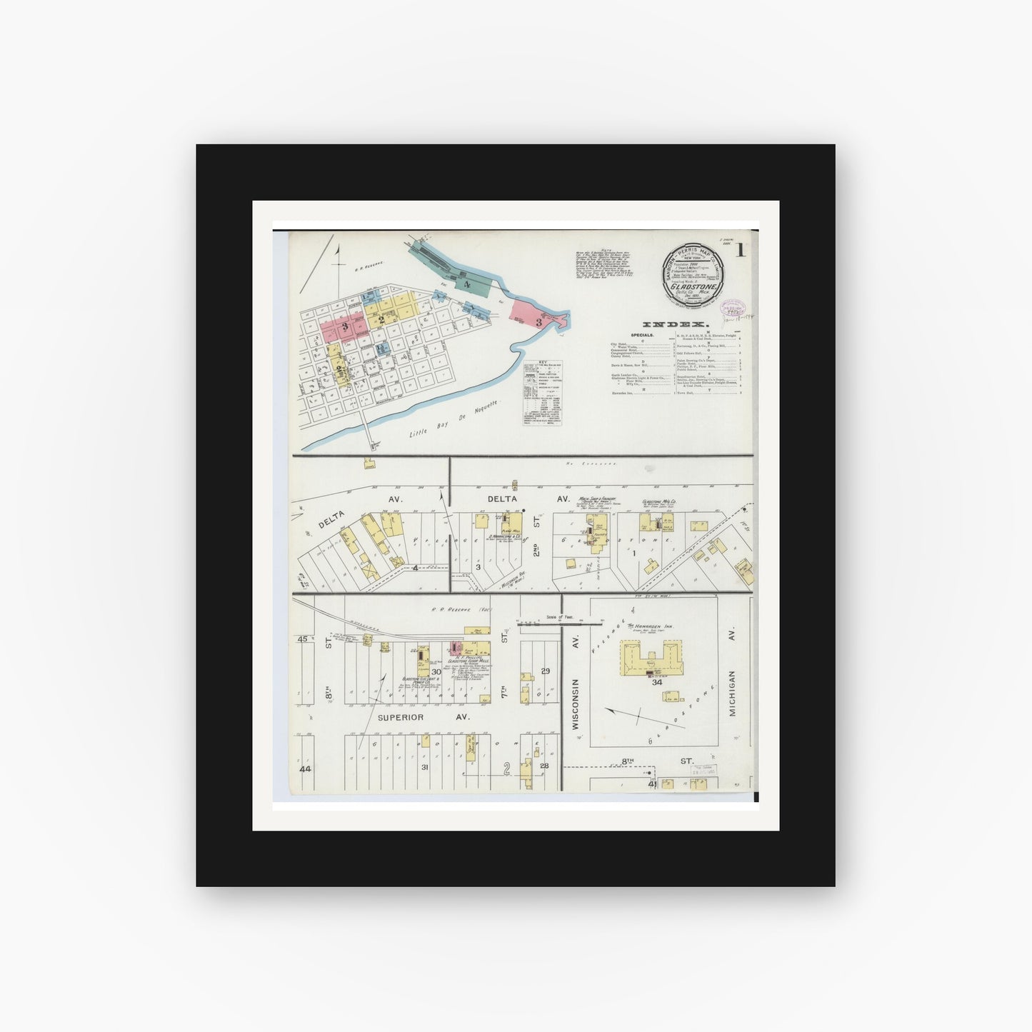Old map wall art mockup — black gallery frame with white mat — Sanborn Fire Insurance Map from Gladstone, Delta County, Michigan (1893) - Complete Map Set