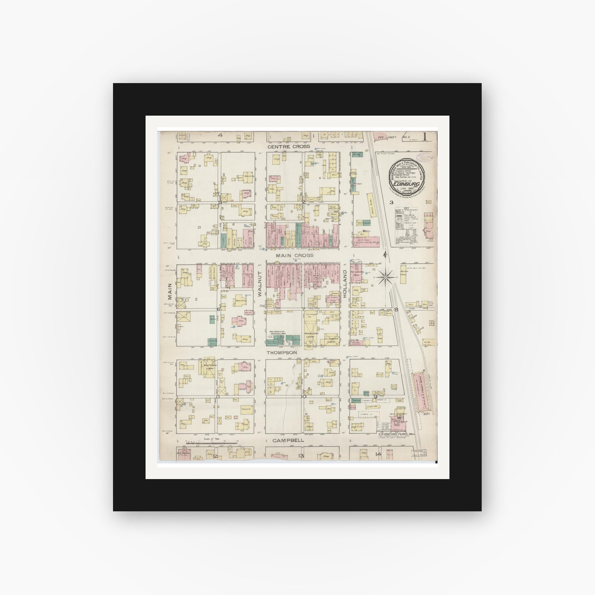 Old map wall art mockup — black gallery frame with white mat — Sanborn Fire Insurance Map from Edinburg, Johnson And Bartholomew Counties, Indiana (1886) - Complete Map Set