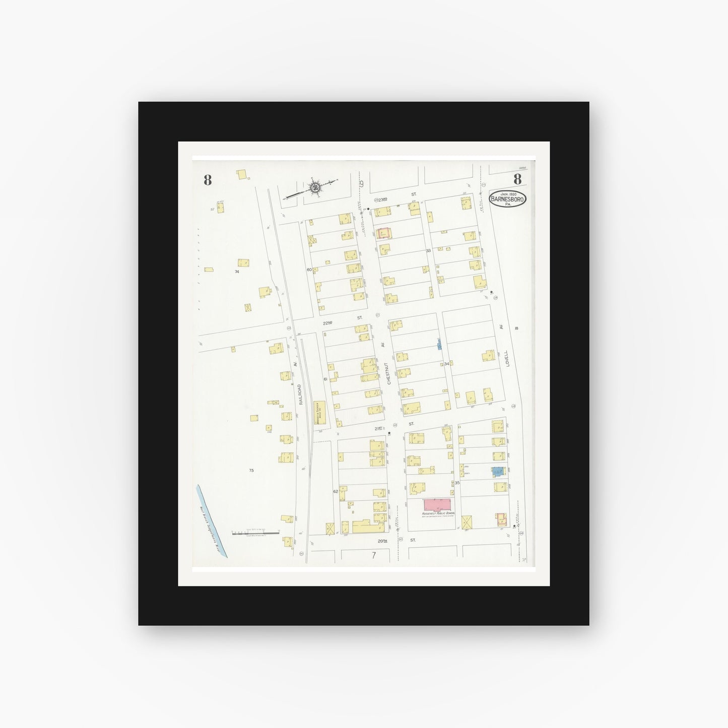 Old map wall art mockup — black gallery frame with white mat — Sanborn Fire Insurance Map from Barnesboro, Cambria County, Pennsylvania (1930), Sheet #0008