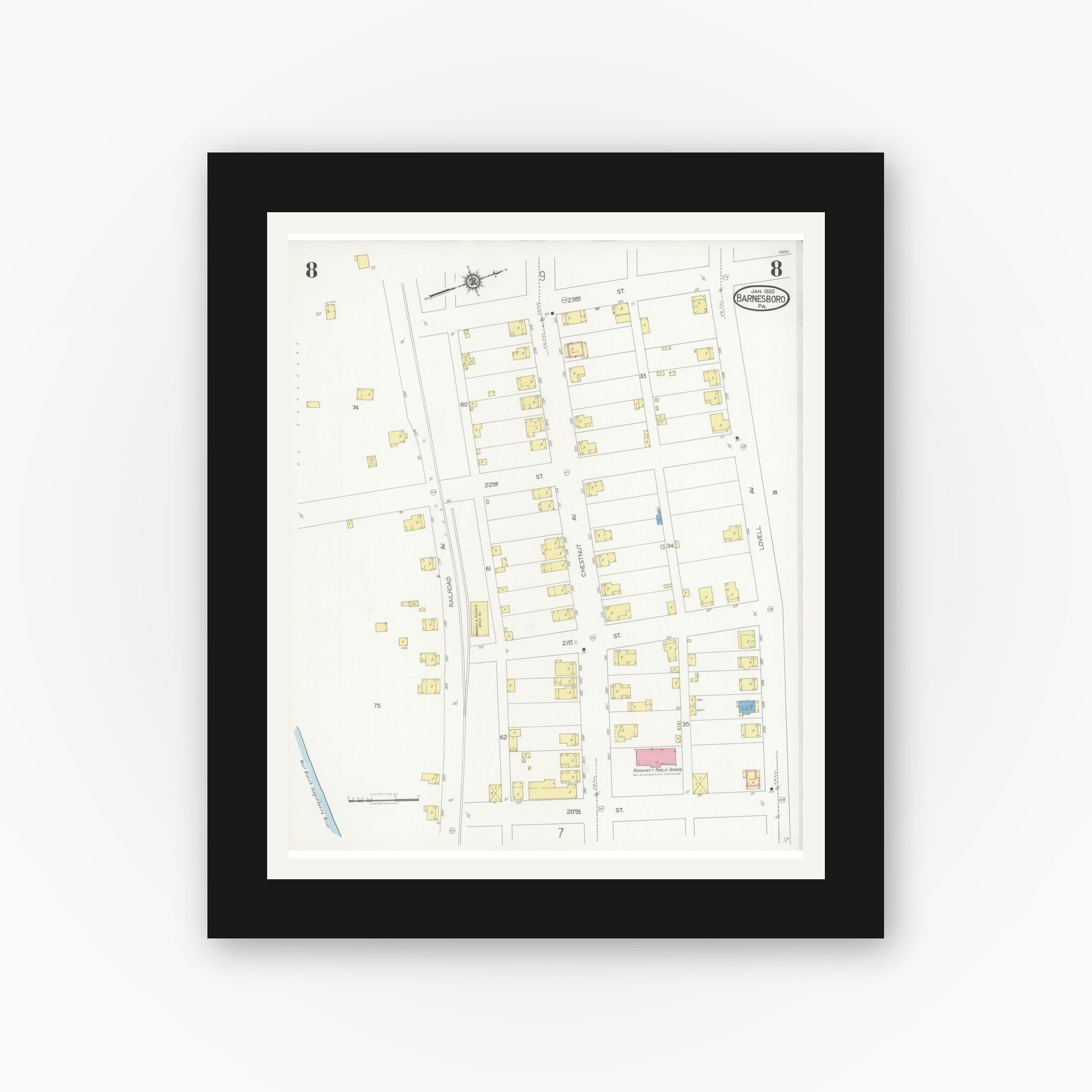 Old map wall art mockup — black gallery frame with white mat — Sanborn Fire Insurance Map from Barnesboro, Cambria County, Pennsylvania (1930), Sheet #0008
