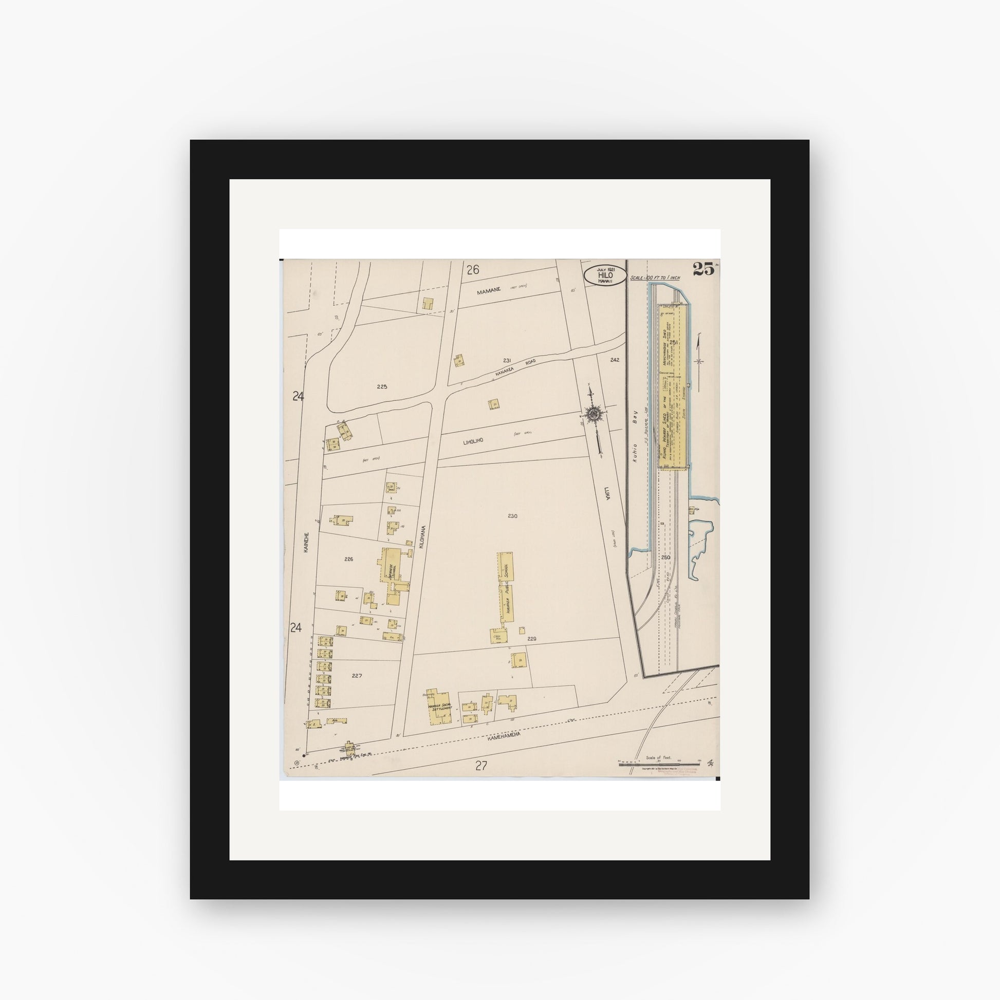 Old map wall art mockup — black gallery frame with white mat — Sanborn Fire Insurance Map from Hilo, Hawaii County, Hawaii (1921), Sheet #0025