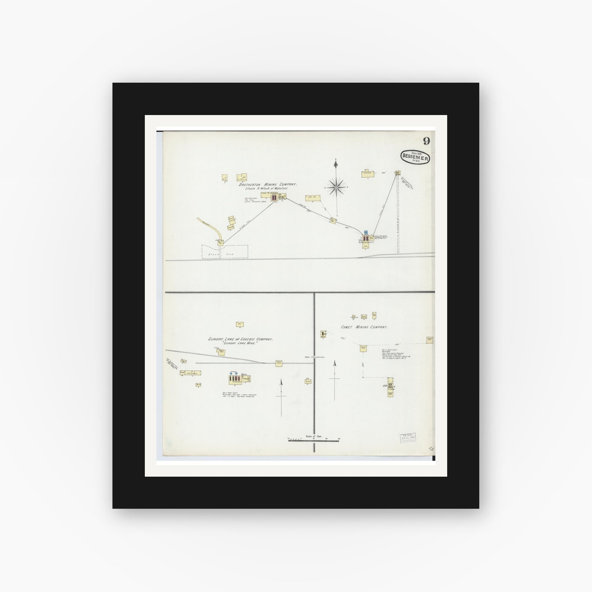Old map wall art mockup — black gallery frame with white mat — Sanborn Fire Insurance Map from Bessemer, Gogebic County, Michigan (1891), Sheet #0009
