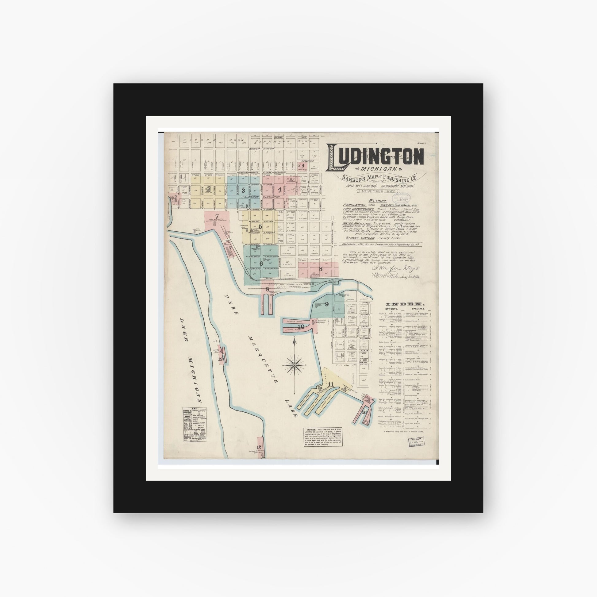 Old map wall art mockup — black gallery frame with white mat — Sanborn Fire Insurance Map from Ludington, Mason County, Michigan (1883) - Complete Map Set